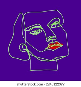 Abstract Hand Drawn One Line Drawing Woman Face Mask Placement Print Pop Art Vector Pattern Isolated Background