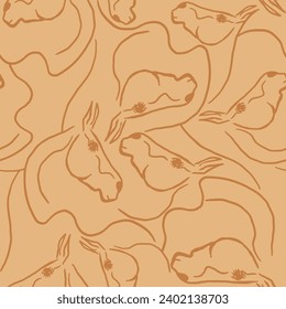 Abstract Hand Drawn One Line Drawing Horse Portraits Seamless Vector Pattern Isolated Background