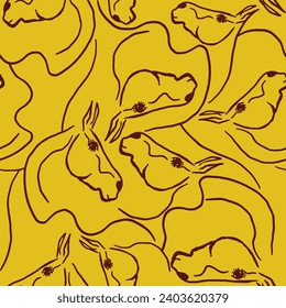 Abstract Hand Drawn One Line Drawing Horse Portraits Seamless Vector Pattern Isolated Background