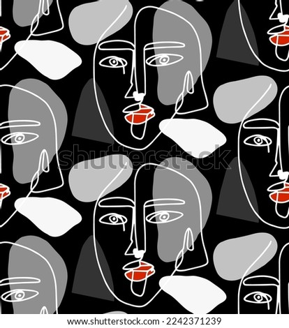Abstract Hand Drawn One Line Drawing Women Faces Masks with Geometric Shapes Seamless Pop Art Vector Pattern Isolated Background