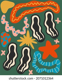 Abstract hand drawn organic shapes. Colorful background with doodle nature forms. Set of colored drawn objects in vector.