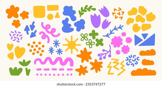 Resumen de la colección de formas orgánicas dibujadas a mano. Doodle moderno, línea, naturaleza, elementos florales. Conjunto de ilustraciones vectoriales coloridas