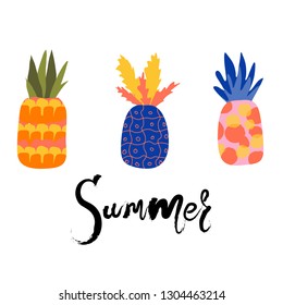 Abstract Hand drawn original pineaples and letters Summer by dry brush. Vector funny illustration.