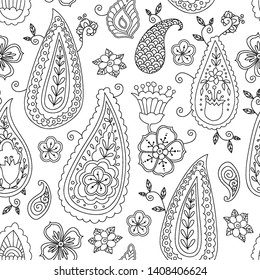 Abstract hand drawn outline doodle ornament seamless pattern with flowers and paisley isolated on white background. Coloring book for adult and older children. Art vector illustration.