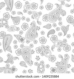 Abstract hand drawn outline doodle ornament seamless pattern with flowers and paisley isolated on white background. Coloring book for adult and older children. Art vector illustration.