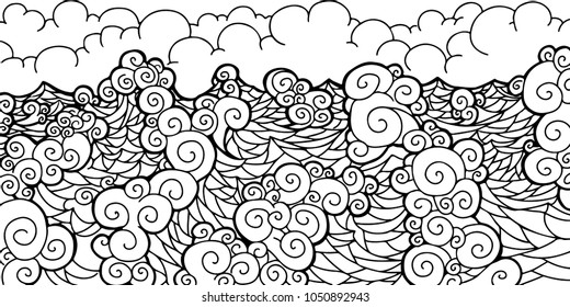 Abstract hand drawn outline sea wave pattern isolated on white background. coloring book for adult and older children. Editable art vector illustration.
