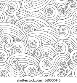 Abstract hand drawn outline sea wave seamless pattern isolated on white background. coloring book for adult and older children. Editable art vector illustration. 