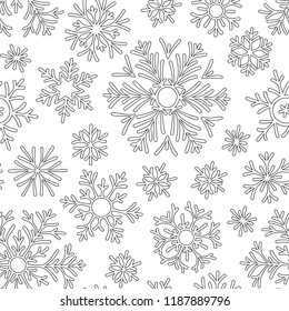 Abstract hand drawn outline seamless pattern with snowflakes   white background. Coloring antistress book for adult and older children. 