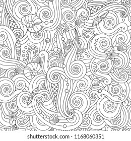 Abstract hand drawn outline wave curl seamless pattern in east asian style isolated on white background.