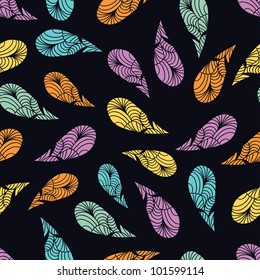 Abstract hand drawn paisley elements motley vector seamless pattern on black background