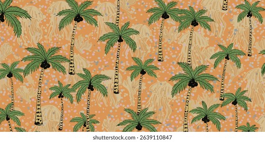 Abstract hand drawn palm tree and safari animal skin seamless pattern. Cute silhouettes tropical coconut, bananas, forest, jungle. Vector exotic camouflage print, summer wallpaper.