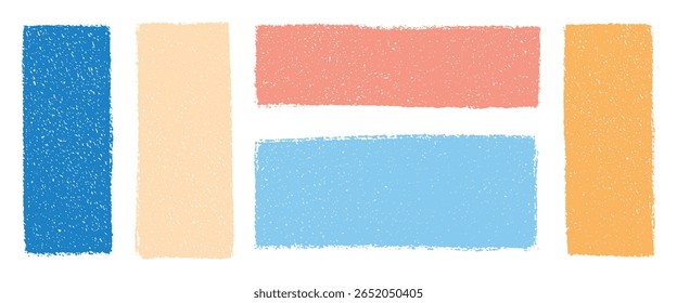 Abstract hand drawn pastel color textured blocks arrangement with blue yellow beige coral red rectangles on transparent background for modern minimalist vector illustration or graphic template