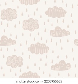 Abstract hand drawn pattern with cloud and rain on beige background. Weather background. Clouds pattern for baby. Doodle style. For textiles, clothing, bed linen, office supplies.