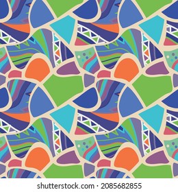 Abstract hand drawn pattern with colourfil elements. Mosaic. Ethnic. Blue, lilac, orange, green. For prints, textiles, paper, fabric. Eps 10 Vector illustration.       