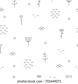 Abstract hand drawn pattern with floral and forest elements. Scandinavian style. Vector illustration. 