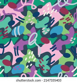  Resumen de patrones dibujados a mano en colores pastel, con olas, espirales, formas, verde, violeta, rosa, azul, amarillo. Se puede usar en diseño textil, accesorios, papel decorativo, envoltura, mochilas.