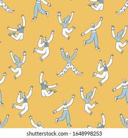 Abstract hand drawn people jumping with raised hands on the yellow background. Seamless anthropomorphic pattern. Vector illustration in doodle style