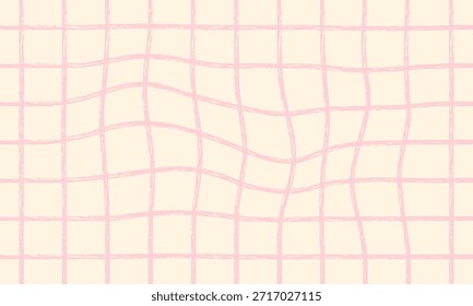 Abstract Hand Drawn Pink Wavy Checkered Seamless Pattern. Distorted Grid Line Background for Textile Print, Fabric Pattern, and Fashion Design. Modern Pastel Doodle Scribble Grid Background.