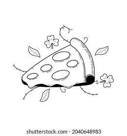 Abstrakte handgezeichnete Pizza schneidet schnell mit Blätterdoodle-Konzept Vektor-Design-Outline-Stil auf weißem Hintergrund einzeln auf der Rahmenlinie
