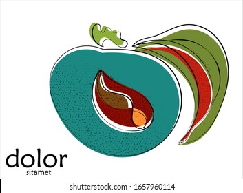 Abstraktes, handgezeichnetes Logo der Vektorillustration aus Pflaumen einzeln auf Weiß. Kunstausstellung in Linie mit Textur. Retro flache Farben Bio-Natur Eco Food Design. Organische gesunde veganische Doodle.