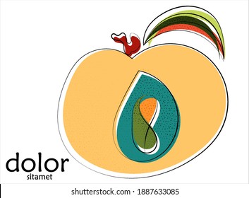 Abstract hand drawn plum vector artistic logo isolated on white. Line art artistic illustration with texture. Retro flat colors organic natural Eco food design. Organic healthy vegan doodle.