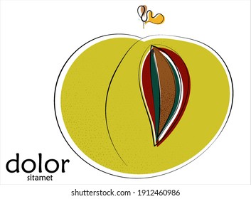 Abstract hand drawn plum vector artistic logo isolated on white. Line art artistic illustration with texture. Retro flat colors organic natural Eco food design. Organic healthy vegan doodle.