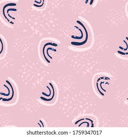 Abstract hand drawn rainbow seamless pattern on pink background. Decorative backdrop for fabric design, textile print, wrapping, cover. Vector illustration.