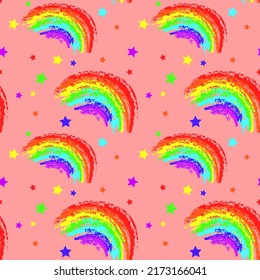 abstract hand drawn rainbows textured with stars seamless vector pattern, on pink background
