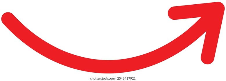 Flecha roja dibujada a mano Abstractas. Icono o pegatina con puntero ondulado curvo. Elemento de diseño para interfaz de usuario App. Ilustración vectorial lineal de dibujos animados en estilo doodle flecha curva roja.