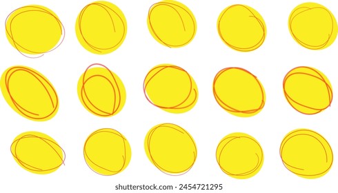 abstracto dibujado a mano círculo de pincel rojo trazo sobre fondo amarillo gráfico Elementos Ilustración vectorial.