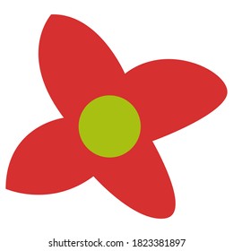 Abstract hand drawn red flower with green center. Graphic element isolated. Forest or garden. Autumn and summer. Nature or ecology. Doodle cartoon style. For templates, postcards, scrapbooking, prints
