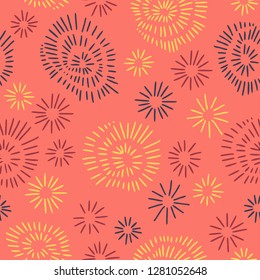 Abstract hand drawn repeat seamless vector pattern with  colorful circular shapes, memphis inspired line art. 