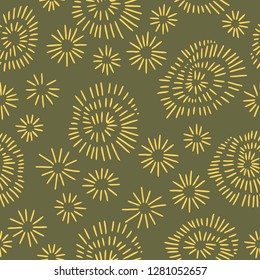 Abstract hand drawn repeat seamless vector pattern with circular shapes, memphis inspired line art. Yellow and olive green colors. 