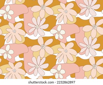 Abstract Hand Drawn Retro Florals Spring Concept Sweet Daisy Flowers Seamless Pattern Perfect for Allover Fabric Print or Wrapping Paper Mustard Yellow Pastel Pink Tones
