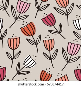 Abstractas dibujado a mano retro patrón floral de Vector sin costuras.  Fondo de flor estrafalario ilustrado a mano colorido.