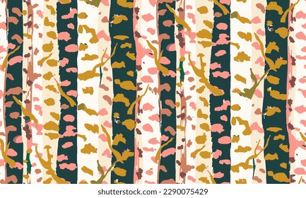 Abstract hand drawn rich colored birch forest seamless pattern