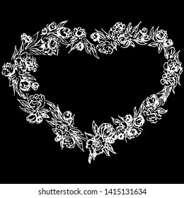 Abstract hand drawn rose flowers in form of heart isolated on black background. Rose flower vector outline icon. Line art. Heart logotype. Valentine's day