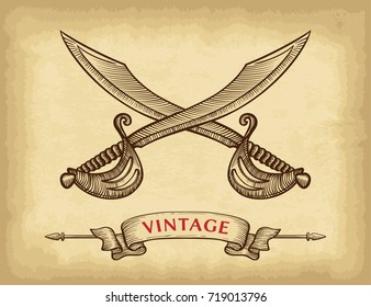 Abstract hand drawn sabers. Old craft paper texture background. Template for your design works. Vector illustration.