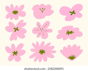 Abstract Hand Drawn Sakura Flower Shapes. A collection of 9 abstract hand-drawn sakura flower shapes in soft pink with green accents. Perfect for floral designs, stickers, and decorative elements