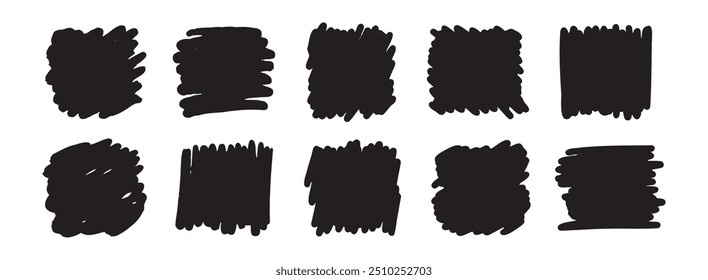 Abstract hand drawn scribble set art. Grunge brush square. Sketch graphic design isolated on white background. Vector illustration