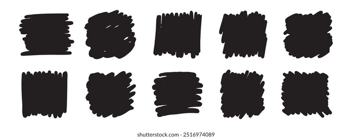 Abstract hand drawn scribble set art. Grunge brush square. Sketch graphic design isolated on white background. Vector illustration