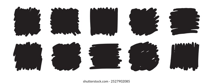 Abstract hand drawn scribble set art. Grunge brush square. Sketch graphic design isolated on white background. Vector illustration