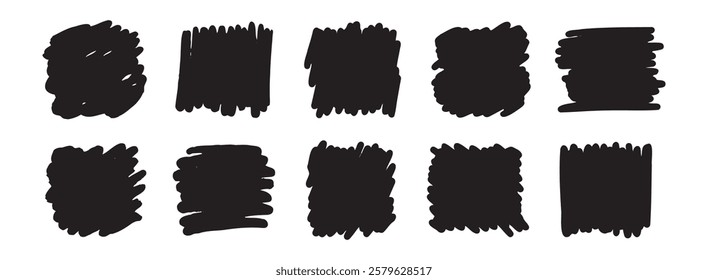 Abstract hand drawn scribble set art. Grunge brush square. Sketch graphic design isolated on white background. Vector illustration