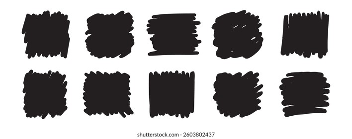 Abstract hand drawn scribble set art. Grunge brush square. Sketch graphic design isolated on white background. Vector illustration