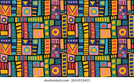 Abstract hand drawn seamless background. African ethnic bright pattern. Vector geometric banner. 