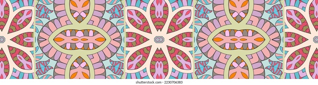 Abstraktes, handgezeichnetes, nahtloses Grenzmuster. Dekorative doodle Blumen geometrische Ornamente. Vorlagenrahmen für die Karte. Farbige Dekoration für Stoffgewebe oder Papierdruck. Stammesdekor