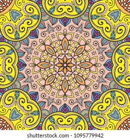 Abstract hand drawn seamless mandala pattern. Decorative stylized floral geometric background. Tribal ethnic ornate decoration. Arabic, indian, turkish ornament. Colorful repeating doodle texture