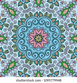 Abstract hand drawn seamless mandala pattern. Decorative stylized floral geometric background. Tribal ethnic ornate decoration. Arabic, indian, turkish ornament. Colorful repeating doodle texture