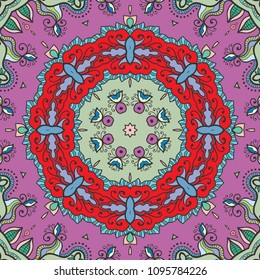 Abstract hand drawn seamless mandala pattern. Decorative stylized floral geometric background. Tribal ethnic ornate decoration. Arabic, indian, turkish ornament. Colorful repeating doodle texture