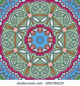 Abstract hand drawn seamless mandala pattern. Decorative stylized floral geometric background. Tribal ethnic ornate decoration. Arabic, indian, turkish ornament. Colorful repeating doodle texture